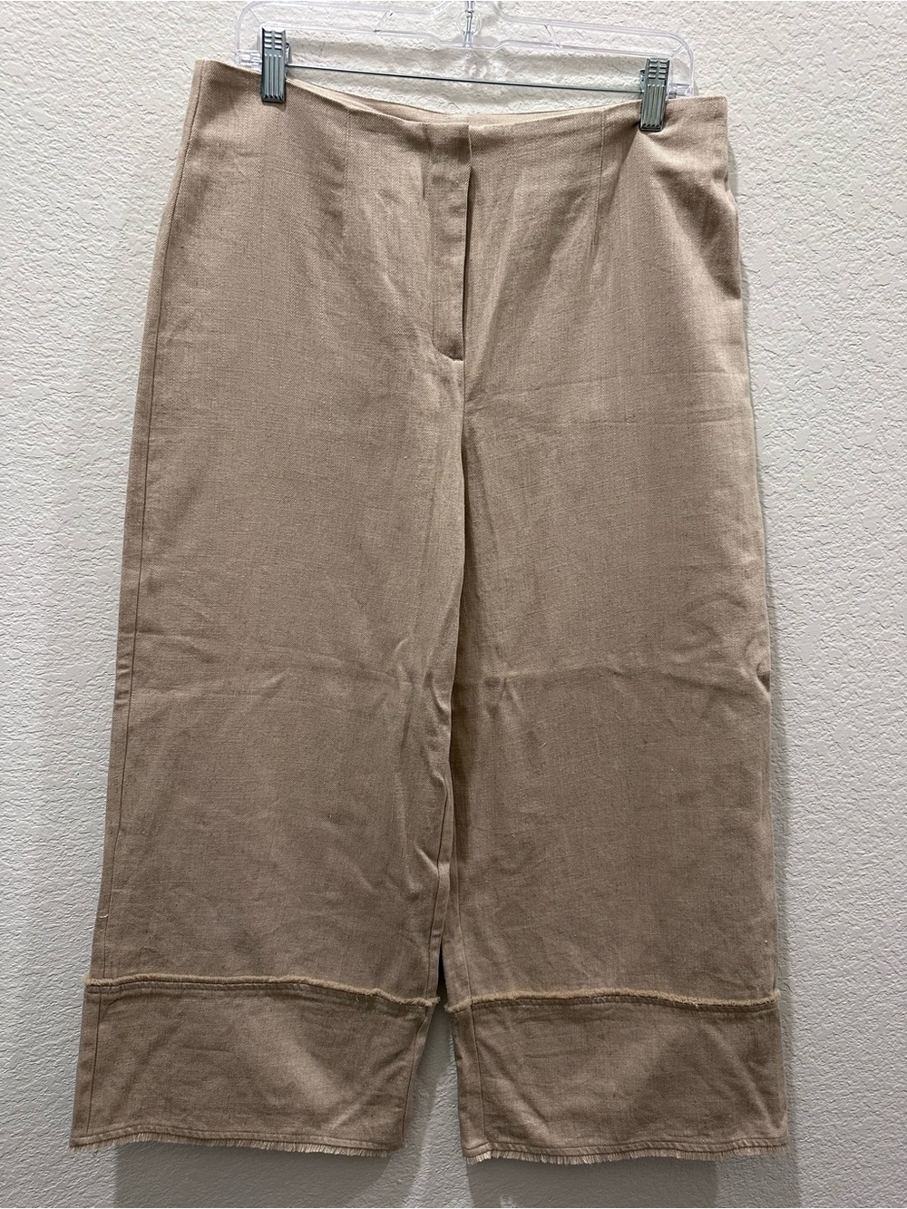 Zara Womens Tan Linen Blend Wide Leg Culotte Pants Raw Hem Neutral Size L